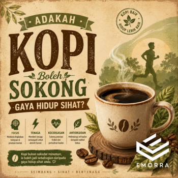 Poster retro kopi dan gaya hidup sihat dengan ilustrasi secawan kopi dan elemen kesihatan