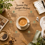 Secawan kopi di atas meja kayu bersama elemen gaya hidup sihat seperti kasut sukan, notebook dan bijian oat yang menggambarkan pelbagai manfaat kopi