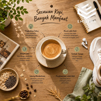 Secawan kopi di atas meja kayu bersama elemen gaya hidup sihat seperti kasut sukan, notebook dan bijian oat yang menggambarkan pelbagai manfaat kopi