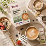Flat lay kopi tinggi serat Enera Spanish Latte bersama oat, bijian sihat dan sarapan gaya hidup sihat di atas meja minimalis
