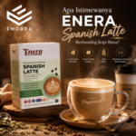 Poster kopi Enera Spanish Latte dengan secawan latte creamy dan konsep premium berbanding kopi biasa