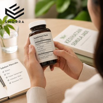 Individu sedang membaca label suplemen herba sebelum mencuba produk kesihatan