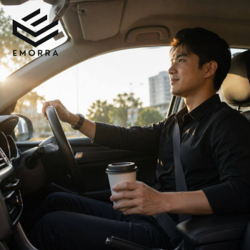 Lelaki memandu kereta sambil memegang kopi pada waktu pagi sebagai simbol rutin harian individu sibuk