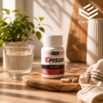 Botol suplemen herba Episor di atas meja kayu dengan suasana moden dan pencahayaan natural