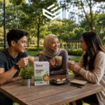 Sekumpulan anak muda menikmati kopi kesihatan Enera di taman bandar dengan suasana gaya hidup moden Malaysia