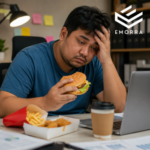 Lelaki kelihatan letih makan burger dan makanan fast food di meja kerja sambil memegang kepala