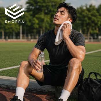 Lelaki berehat di tepi padang selepas workout sambil lap peluh dengan tuala dan minum air