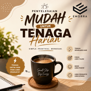 Poster moden bertemakan tenaga harian dengan secawan kopi panas dan elemen motivasi produktiviti