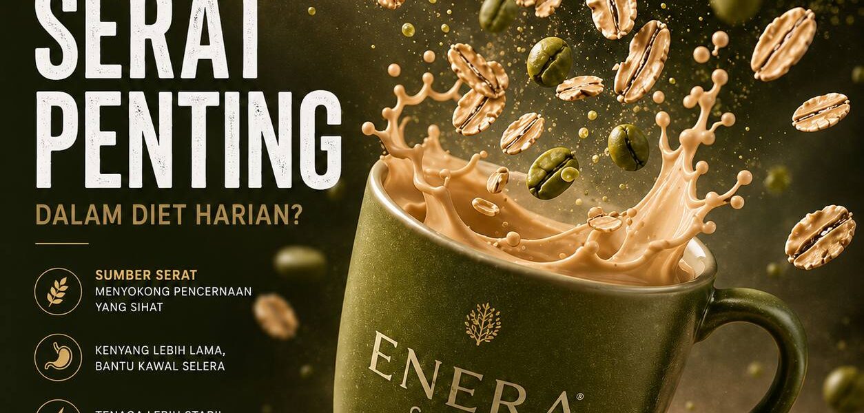 Poster kopi hijau Enera dengan oat terapung sebagai simbol serat dan gaya hidup sihat