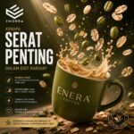 Poster kopi hijau Enera dengan oat terapung sebagai simbol serat dan gaya hidup sihat