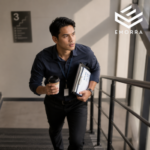 Lelaki pejabat menaiki tangga sambil membawa dokumen kerja dan secawan kopi dalam suasana profesional.