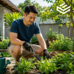 Lelaki sedang berkebun di halaman rumah sambil menjaga tanaman dalam suasana santai dan aktif.