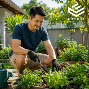 Lelaki sedang berkebun di halaman rumah sambil menjaga tanaman dalam suasana santai dan aktif.
