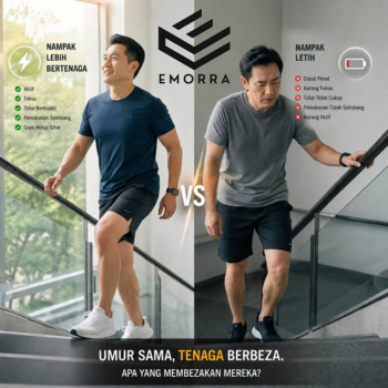 Dua lelaki sebaya menunjukkan tahap tenaga yang berbeza ketika menaiki tangga, seorang kelihatan cergas manakala seorang lagi mudah keletihan.