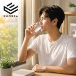 Lelaki minum air kosong pada waktu pagi berhampiran tingkap dengan suasana tenang dan cahaya matahari natural