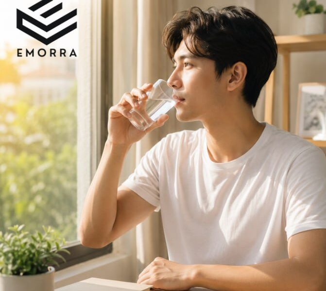 Lelaki minum air kosong pada waktu pagi berhampiran tingkap dengan suasana tenang dan cahaya matahari natural