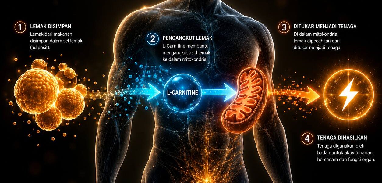 Visual konsep L-Carnitine dalam badan menunjukkan proses lemak ditukar menjadi tenaga dengan elemen futuristik dan glow tenaga