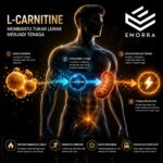 Visual konsep L-Carnitine dalam badan menunjukkan proses lemak ditukar menjadi tenaga dengan elemen futuristik dan glow tenaga