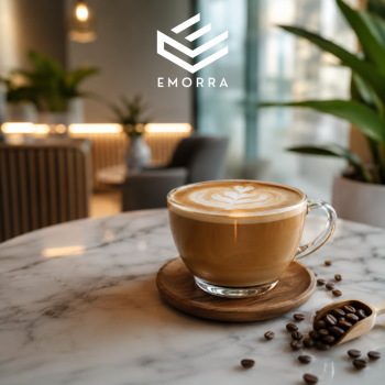 Secawan Enera Spanish Latte di atas meja marmar dalam suasana kafe moden yang premium.