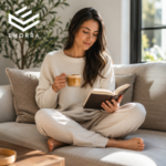 Seorang wanita duduk di atas sofa sambil membaca buku dan menikmati secawan kopi dalam suasana rumah yang tenang, melambangkan gaya hidup sihat dan rutin harian yang seimbang.
