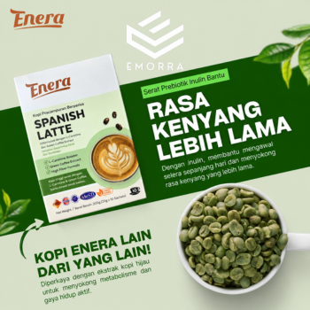 Kotak Enera Spanish Latte dipaparkan bersama biji kopi hijau dan maklumat mengenai High Fiber Formula, L-Carnitine serta Green Coffee Extract, menonjolkan kelebihan kopi sebagai pelengkap gaya hidup sihat.